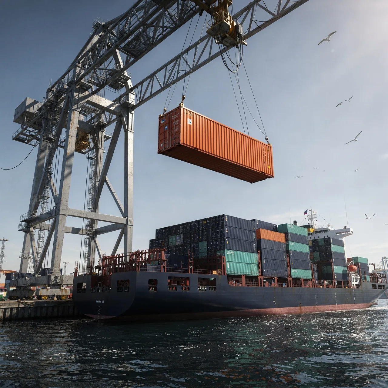 Sealed container delivered to the port and craned onto the vessel