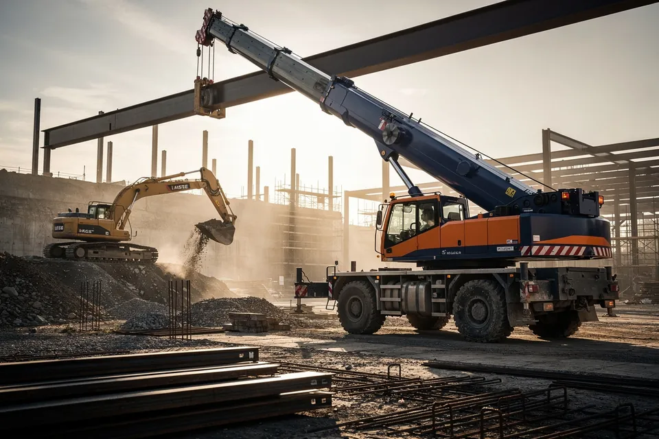 Tyre-mounted mobile crane lifting cargo at a project site