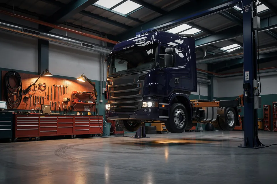 Mechanics servicing a truck inside the Badshah Group mechanical workshop